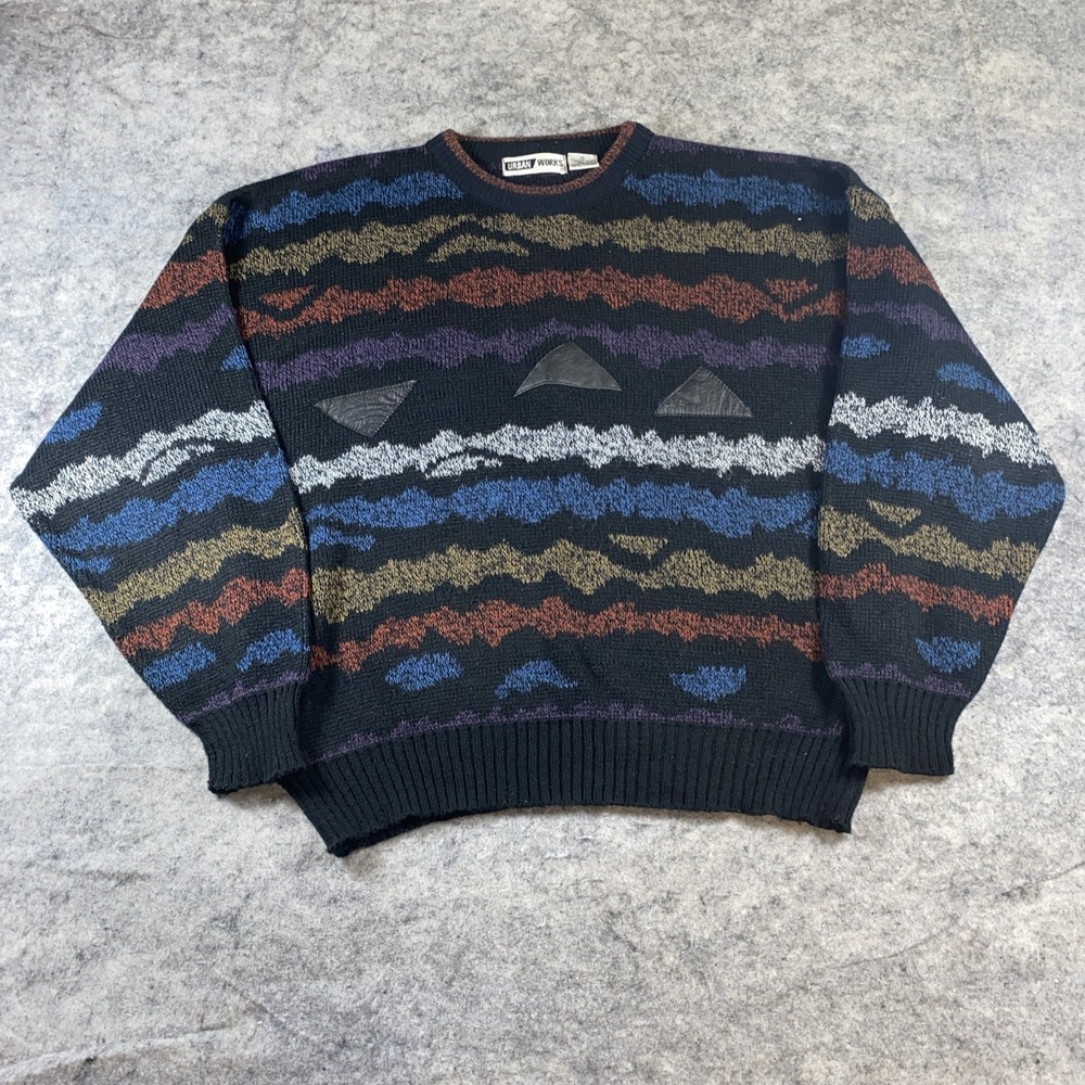 Vtg Urban Works Grandpa Sweater Men's XL Black Leather Patch Crewneck‎ Pullover